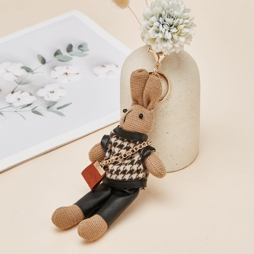 ❤️7" Bunny Hand Bag Charm Keychain Wearing Houndstooth Sweater & Purse - Picture 6 of 9